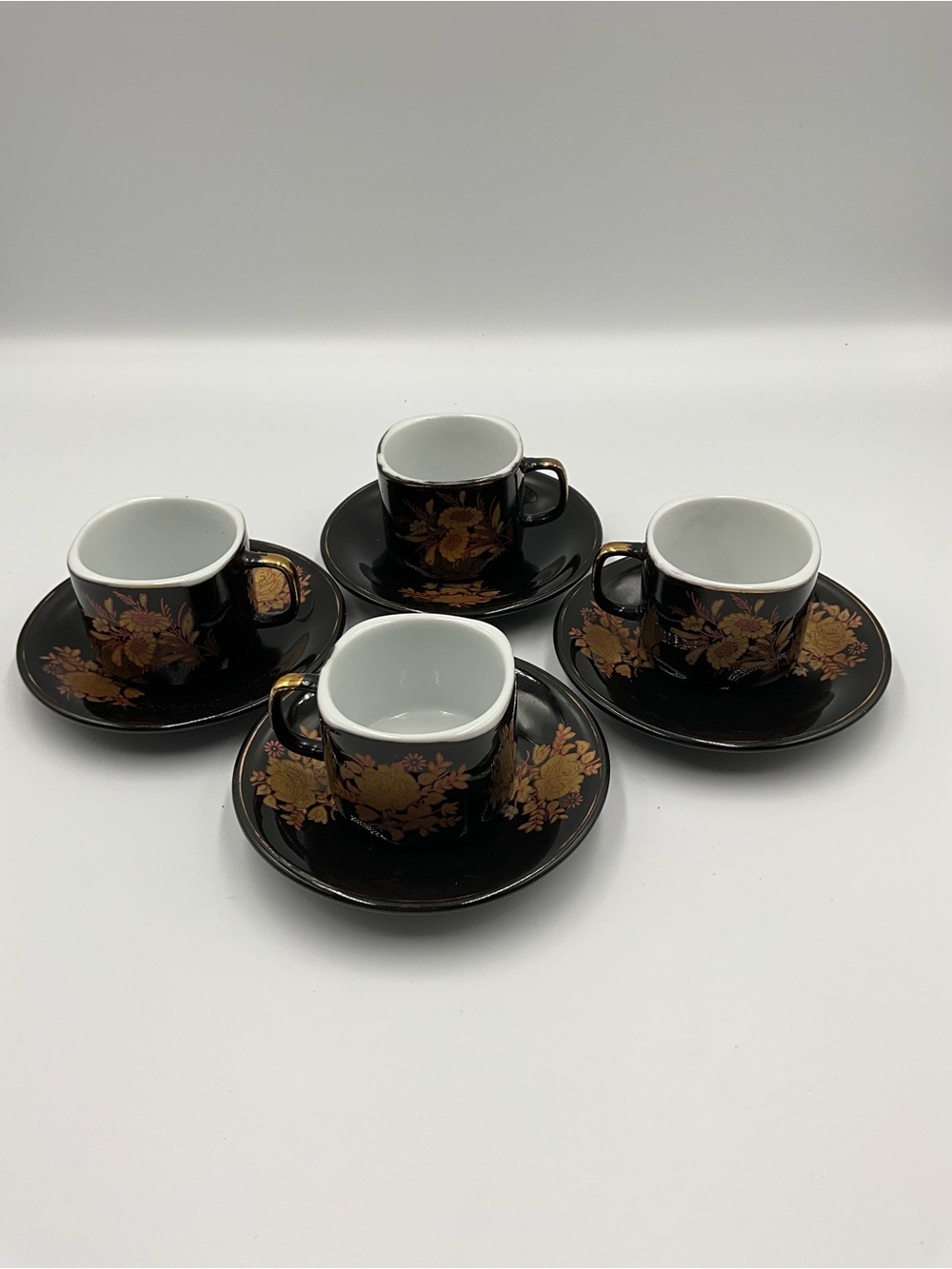 Vintage Japanese Porcelain Black &  Gold Floral Espresso Cup and Saucer Set - 4